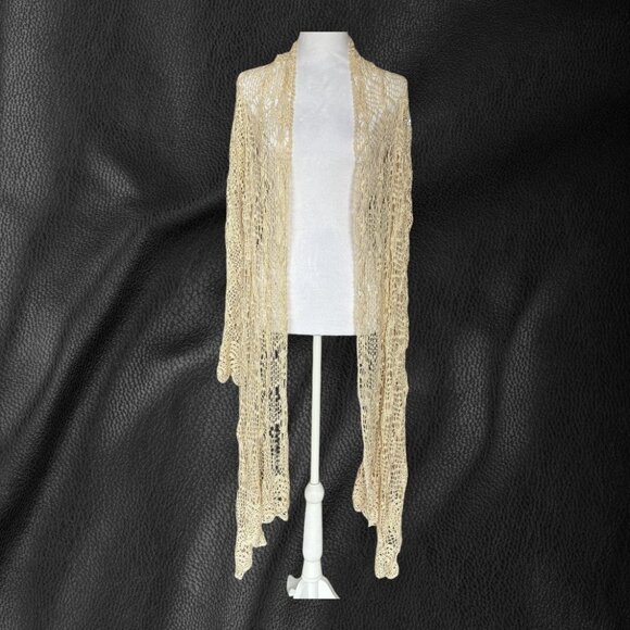 Cami Boho Crochet Cardigan Cream High Low Open Front Lace Knit Festival Duster M - Picture 1 of 6
